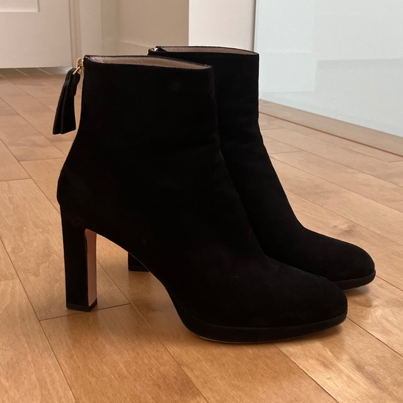 Stuart Weitzman Black Suede Booties with Gold-Tone Zipper - Picture 1 of 13